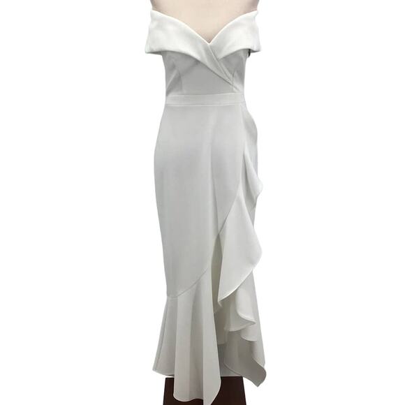 XSCAPE 4 S White Ruffled Off-the-shoulder Hi Low Midi Gown NWT $259 B154 *flaw - Picture 2 of 12